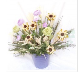 A1 YELLOW GERBERAS WITH PURPLE AND GREEN MATCHING ARTIFICAL FLOWER ARRANGEMENT